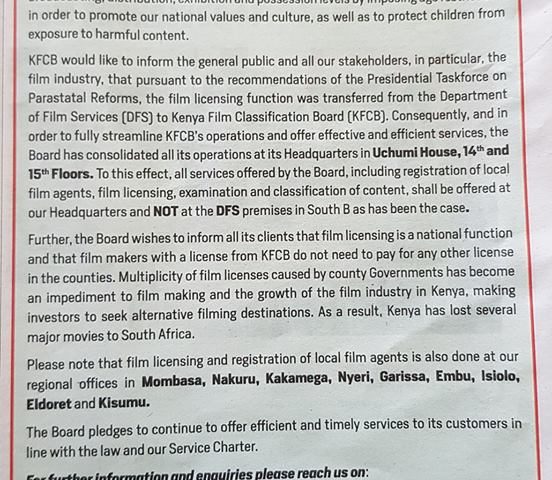 PUBLIC NOTICE ON FILM LICENSING IN KENYA