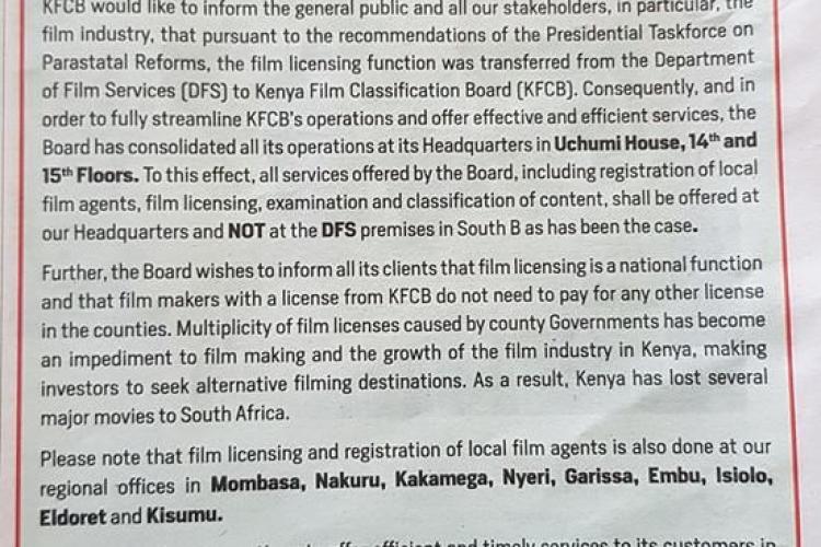 PUBLIC NOTICE ON FILM LICENSING IN KENYA