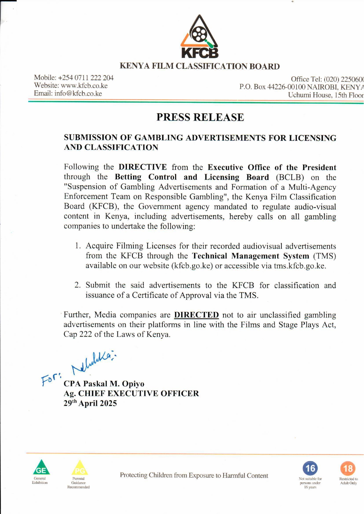 PRESS RELEASE - SUBMISSION OF GAMBLING ADVERTISEMENT TO KFCB FOR LICENCING AND CLASSIFICATION