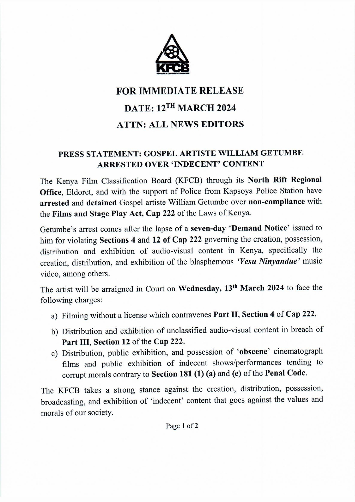 PRESS STATEMENT: GOSPEL ARTISTE WILLIAM GETUMBE ARRESTED OVER 'INDECENT' CONTENT