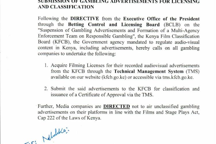 PRESS RELEASE - SUBMISSION OF GAMBLING ADVERTISEMENT TO KFCB FOR LICENCING AND CLASSIFICATION