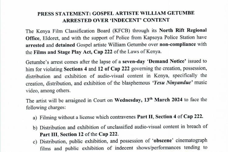 PRESS STATEMENT: GOSPEL ARTISTE WILLIAM GETUMBE ARRESTED OVER 'INDECENT' CONTENT