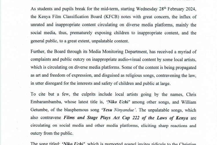 PRESS RELEASE: INAPPROPRIATE/HARMFUL AUDIO-VISUAL CONTENT 